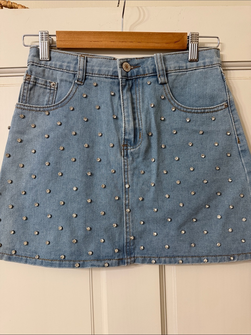 Studded Light Blue Denim Mini Skirt